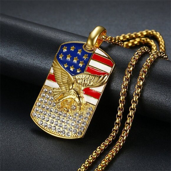 Gold American Flag Eagle Dog Tag Pendant Stainless Steel Patriotic Necklace - Picture 2 of 10